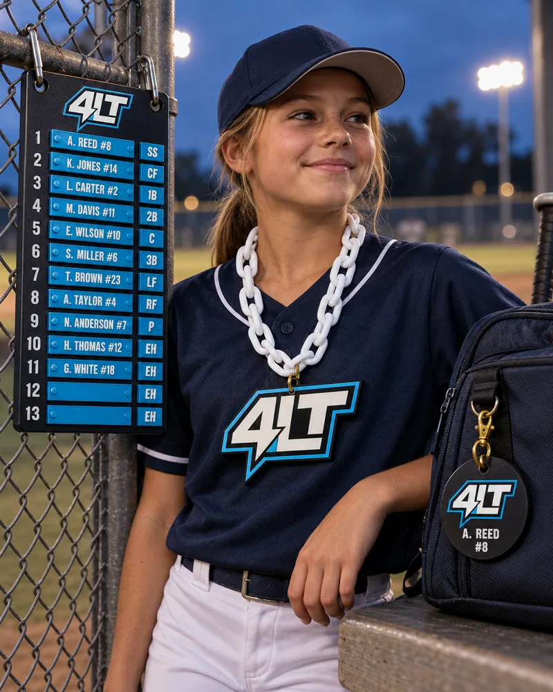 Lineup board, personalized bag tag on a backpack, and a hype chain worn over a plain jersey