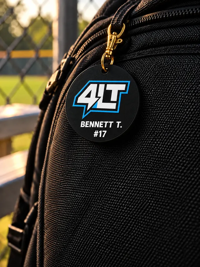 Round 4LT bag tag personalized for Bennett T. number 17, attached to a black backpack