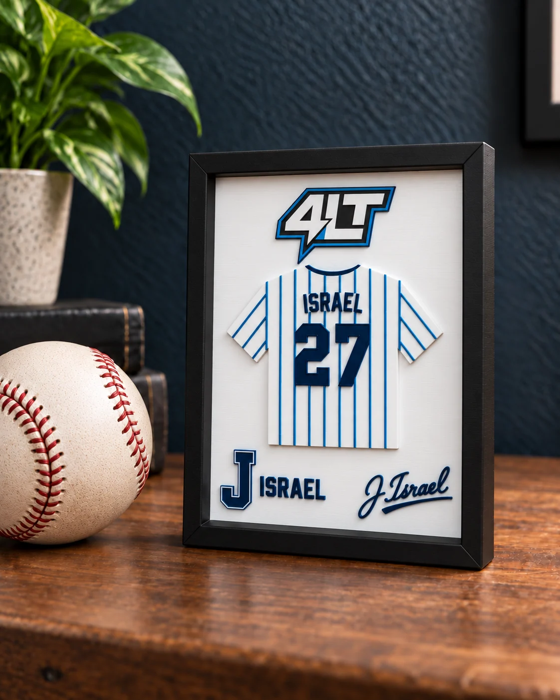 4LT-branded miniature jersey frame with raised blue number 27 and personalized name