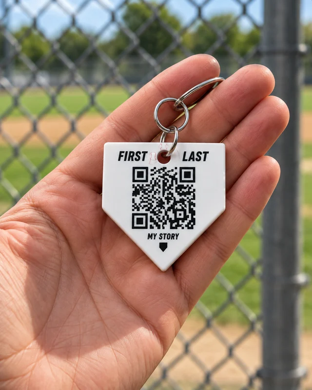 White home-plate QR video keychain held in a hand by the field