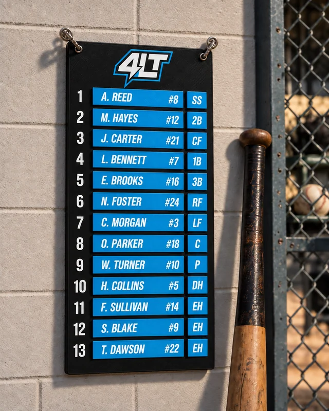 4LT blue lineup board with 13 personalized player names